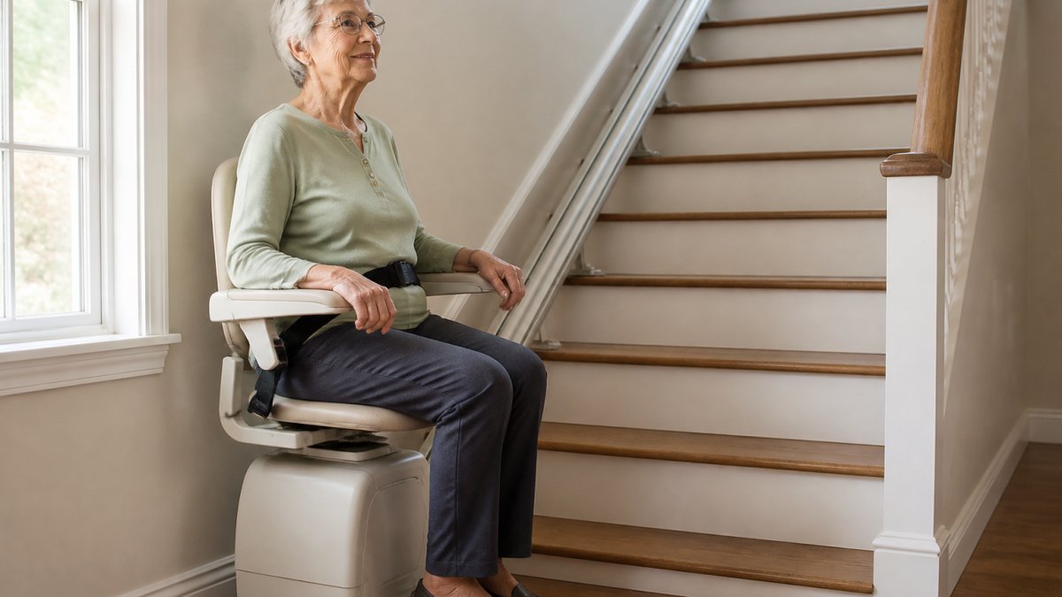 Older adult seated in a stairlift with a fastened seat belt, demonstrating how to safely operate a stairlift at home.
