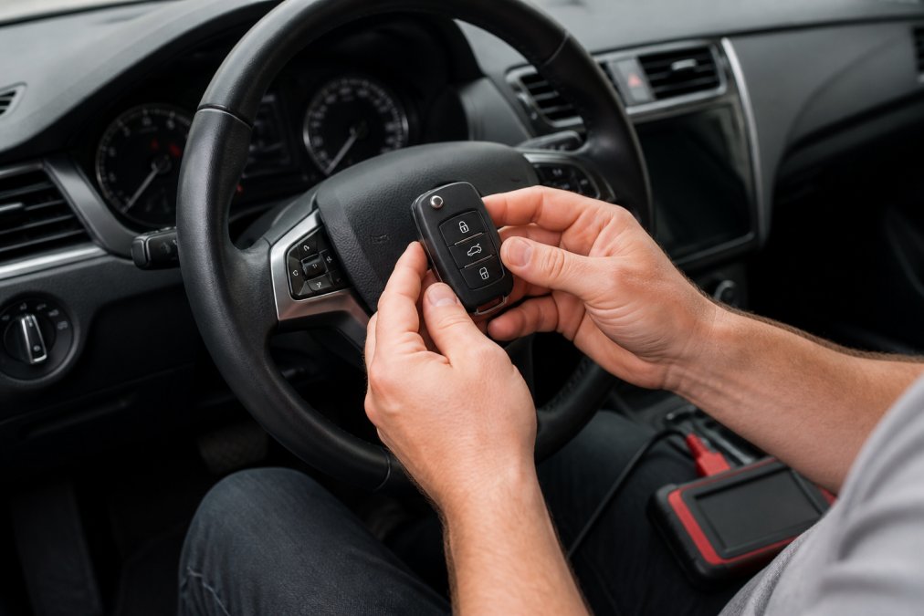 Close-up of hands holding a car key fob inside a vehicle with the steering wheel and dashboard visible in the background