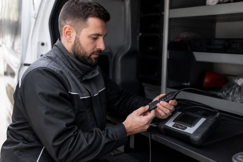 Professional locksmith in uniform examining a car key fob with specialized diagnostic equipment in a service vehicle