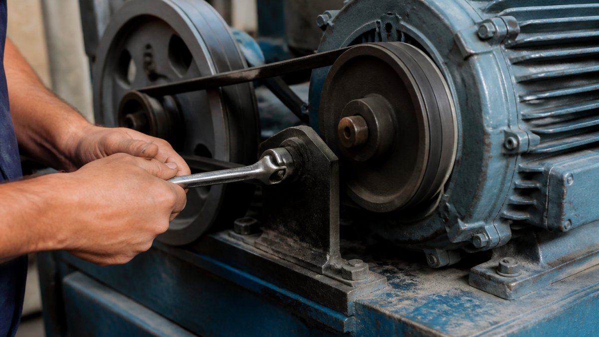 Technician's hands using a wrench to loosen a tensioner bolt on an industrial motor assembly with V-belt and pulley system visible in background