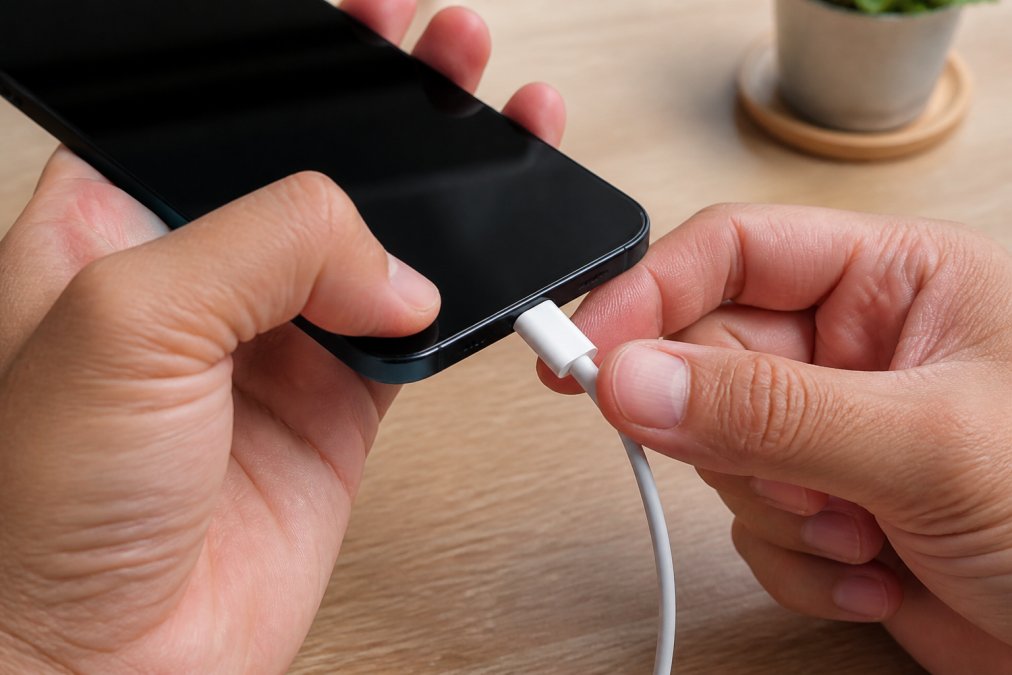 Close-up of a person's hands holding a smartphone with a charging cable, examining the port area under good lighting on a clean table