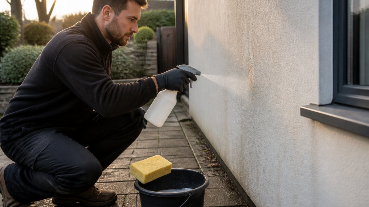 Close-up of a garden spray bottle misting water onto a bird dropping on a rendered wall, with a soft sponge and bucket nearby on a garden path