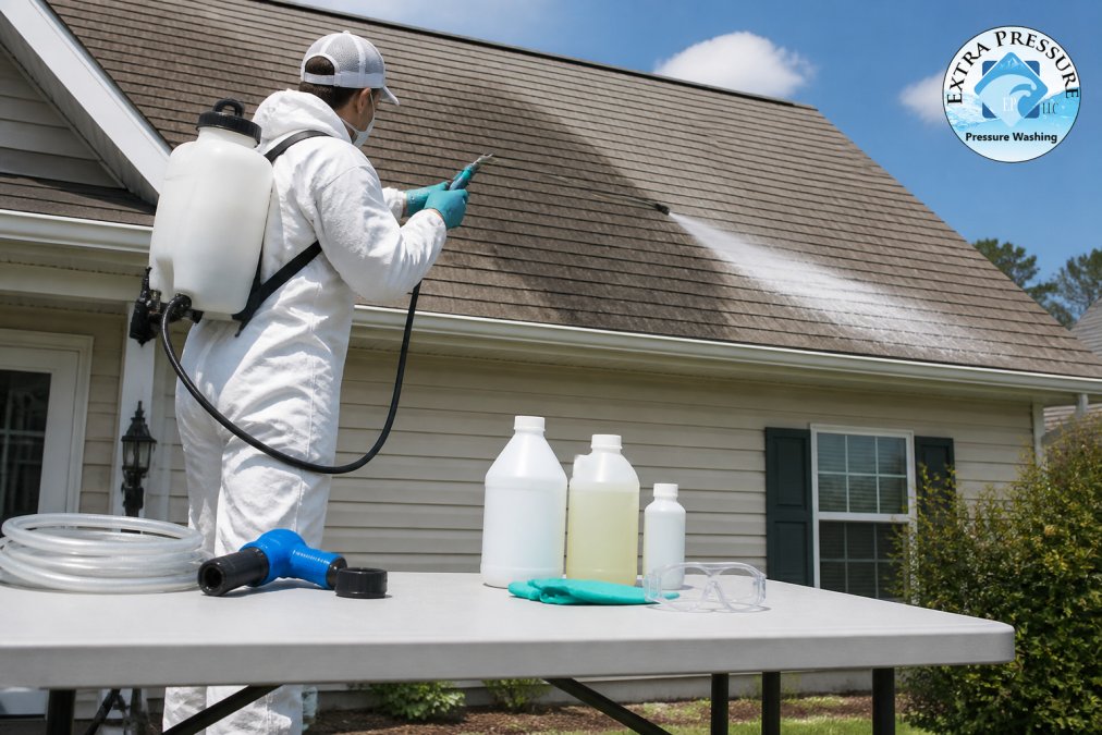 A technician in protective gear using a low-pressure spray wand to apply cleaning solution on a residential asphalt shingle roof with visible black algae streaks, bright daylight