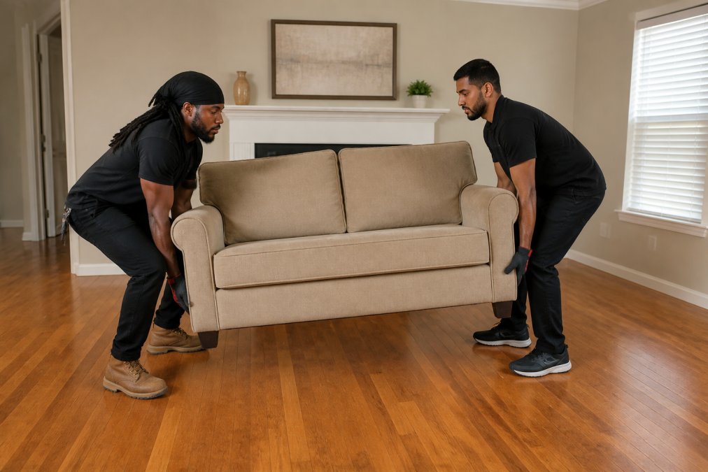Two people demonstrating proper lifting form with bent knees and straight backs while moving a beige couch through a residential living room with hardwood flooring and neutral walls