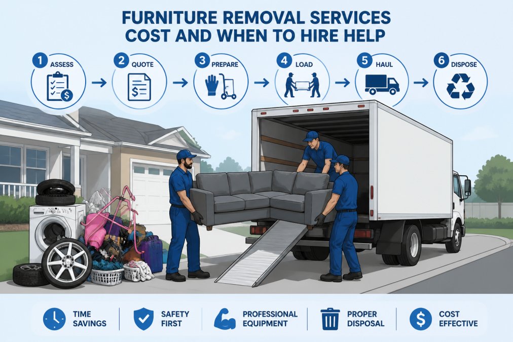 Professional junk removal team in blue uniforms loading a large sectional sofa onto a white truck in a residential driveway, showing organized workflow and equipment