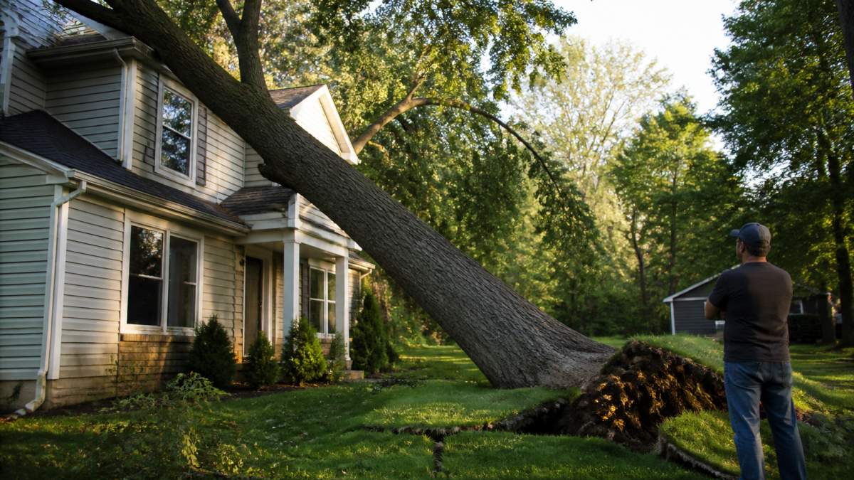 A large oak tree leaning sharply toward a two-story suburban house, cracked and lifted soil visible around the trunk base, a homeowner standing far back on the lawn watching with concern in late afternoon light