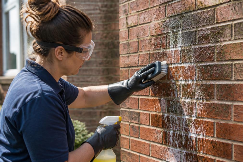 Professional demonstrating proper scrubbing technique with stiff-bristled brush on red brick wall while wearing safety goggles and gloves, with vinegar solution visible on the brick surface