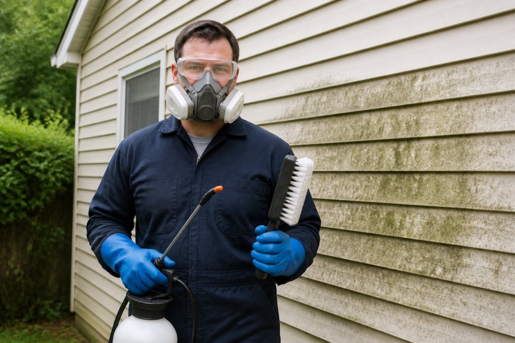A homeowner wearing protective eyewear, a respirator mask, and rubber gloves, standing outside in front of a house with vinyl siding, holding a garden sprayer and scrub brush, ready to begin cleaning