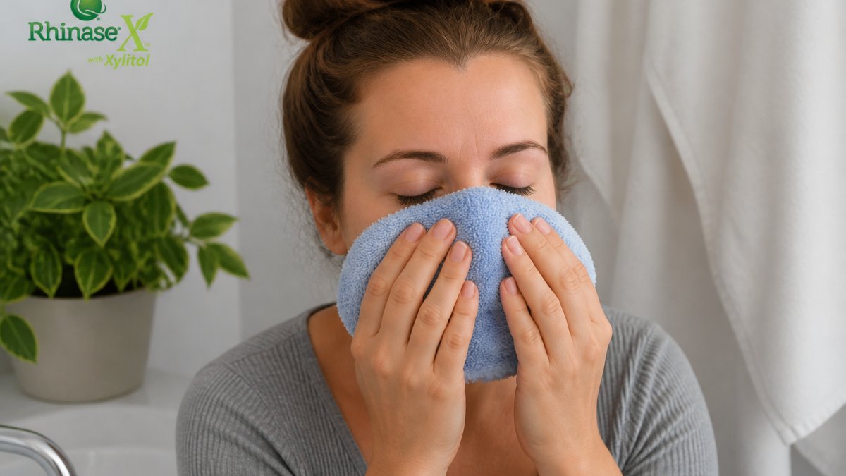 Step-by-step diagram showing how to apply a warm compress to the nose to safely soften and remove nasal crusting