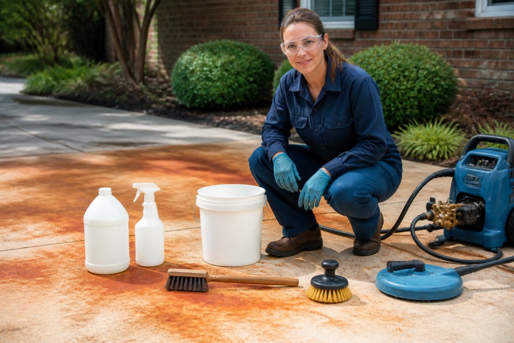 Professional wearing protective gloves and safety goggles positioned next to cleaning supplies arranged on a concrete surface stained with rust-colored red clay residue, bright daylight illuminating the scene