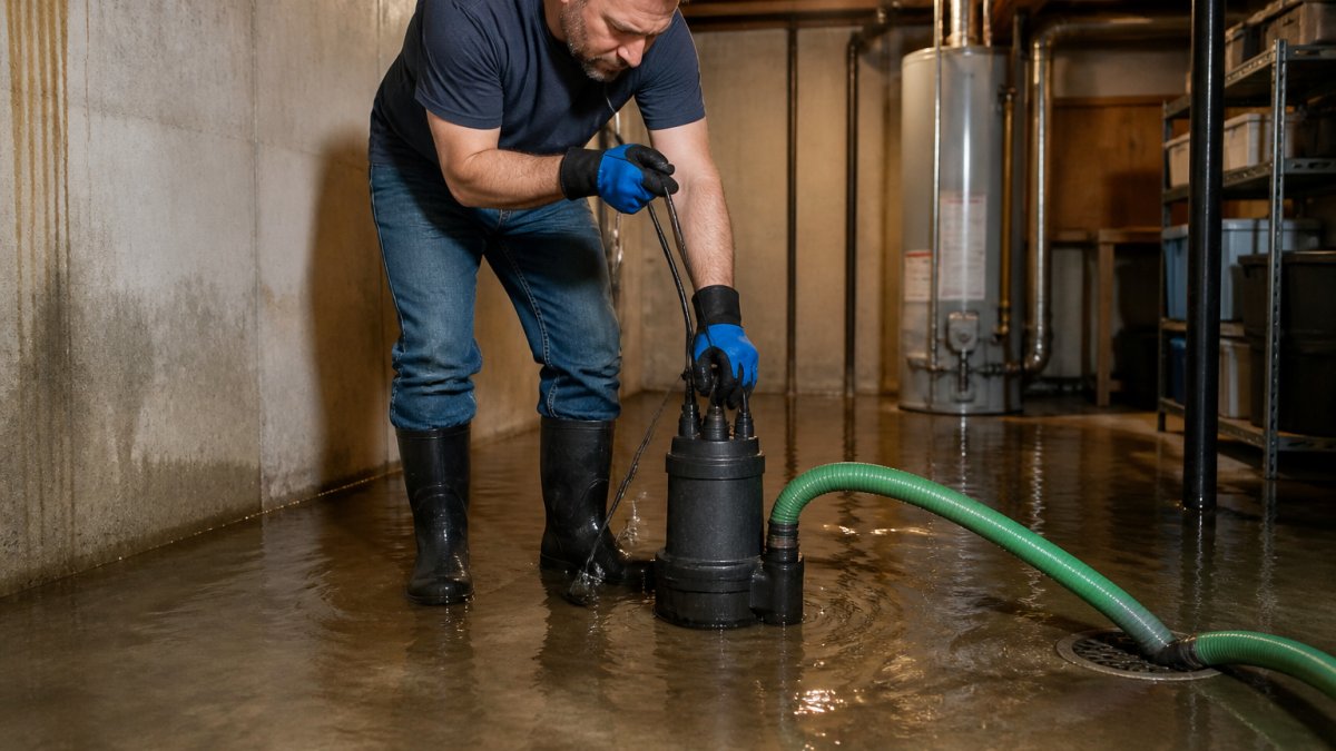 A homeowner in rubber boots and protective gloves lowering a submersible pump into standing water in a flooded basement, with a discharge hose running toward a floor drain under dim utility lighting
