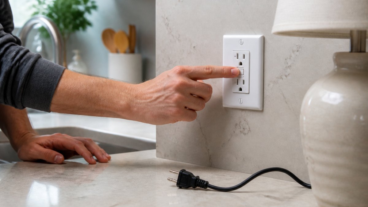Close-up of a homeowner's hands pressing the reset button on a white GFCI receptacle mounted in a kitchen wall, with a lamp cord unplugged and resting on the counter nearby