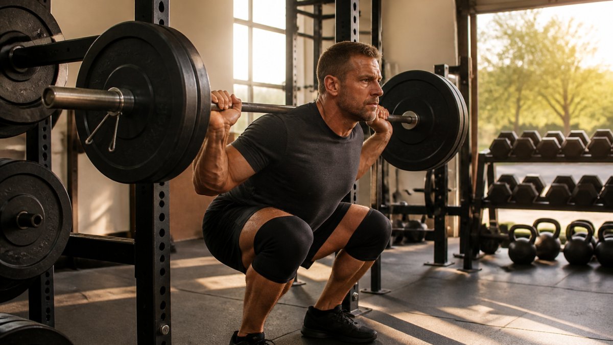 Athlete performing a controlled barbell squat with neutral spine in a modern gym setting
