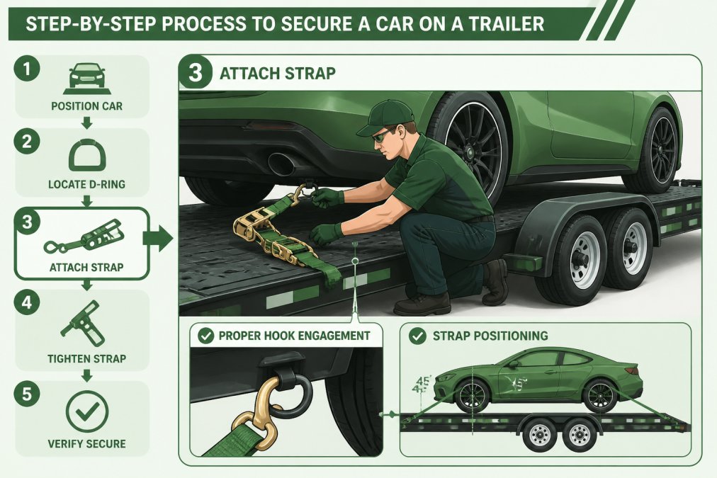 Professional technician attaching a ratchet strap to a D-ring on a vehicle's frame, showing proper hook engagement and strap positioning during the securing process on a modern car hauler trailer