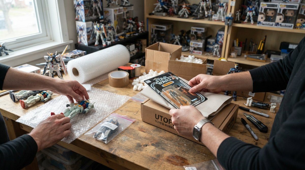 Hands carefully wrapping a collectible action figure with bubble wrap and protective materials on a clean work surface, with rolls of tape and padding visible