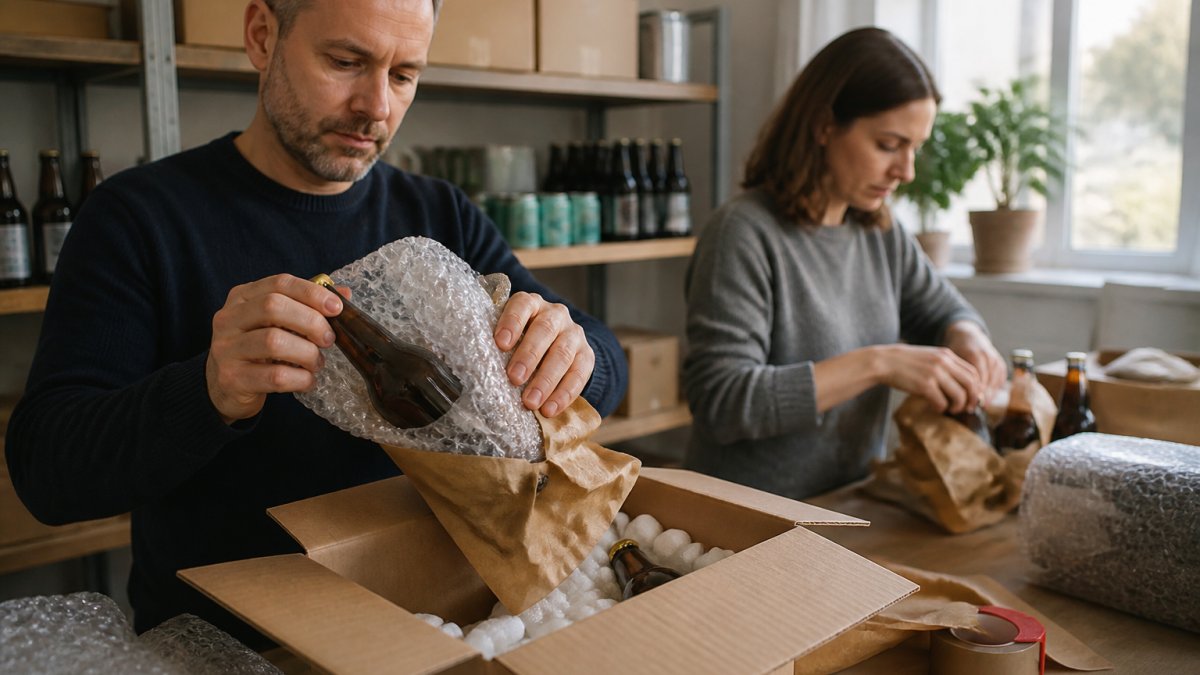 Hands carefully wrapping a glass bottle of non-alcoholic beer in bubble wrap and kraft paper, placing it inside a cardboard box with protective padding visible