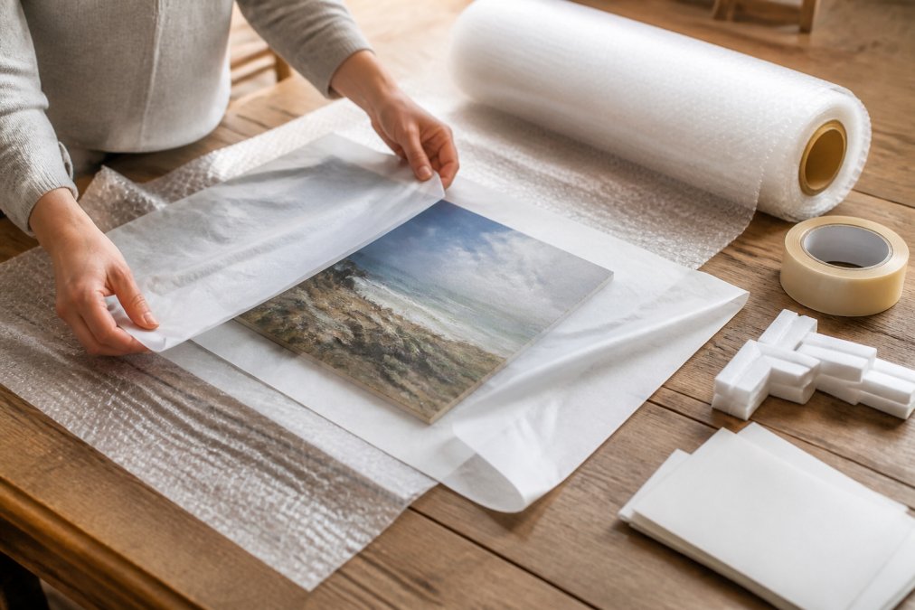 A person's hands carefully wrapping a canvas painting in acid-free glassine paper at a clean wooden table, with rolls of bubble wrap and corner protectors nearby