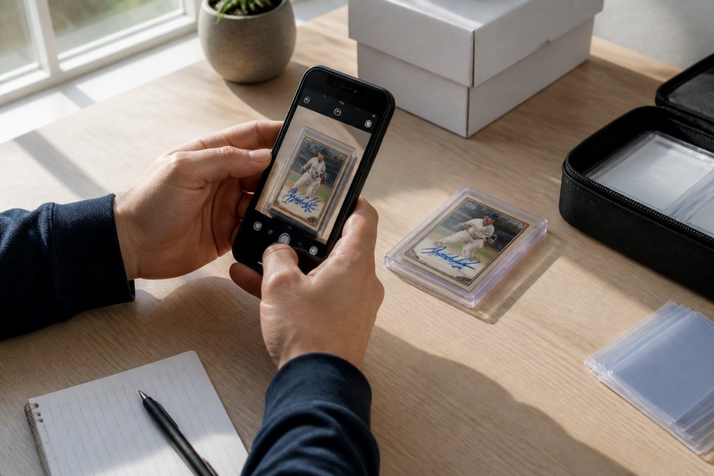 Smartphone camera capturing detailed photos of a signed baseball card from multiple angles with natural window lighting on a clean desk surface