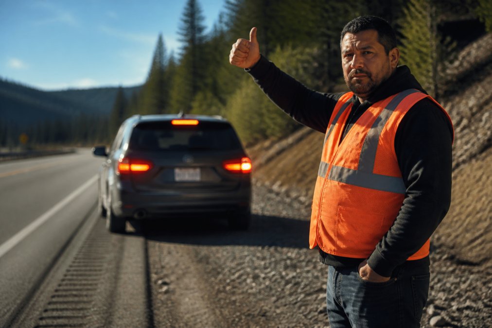 Driver standing safely outside vehicle on shoulder of highway, arm raised with thumb extended upward, wearing bright orange safety vest, vehicle hazard lights flashing in background, daytime lighting