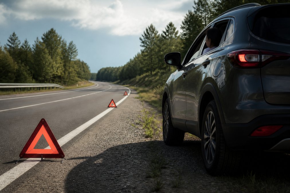 Vehicle positioned safely on highway shoulder with hazard lights activated, reflective warning triangles placed at distance on roadway, driver visible inside vehicle through window, daytime conditions