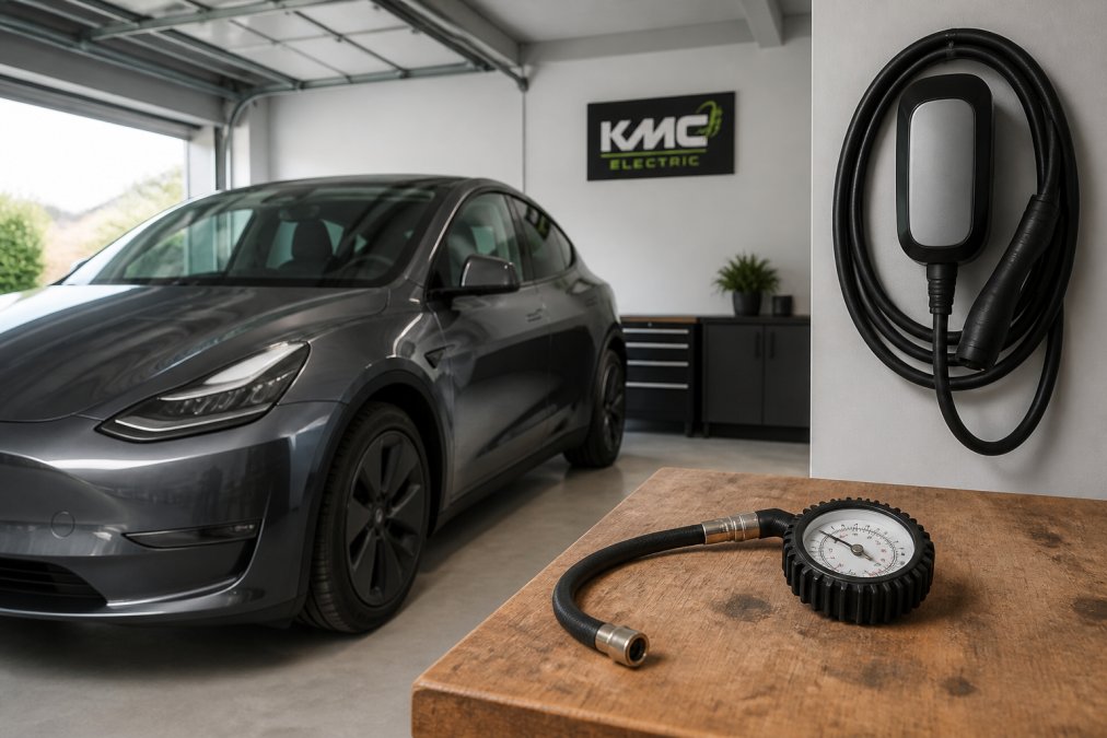 A modern electric car parked in a clean, dry garage, with a charging cable neatly coiled on a wall hook nearby and a tyre pressure gauge resting on a workbench