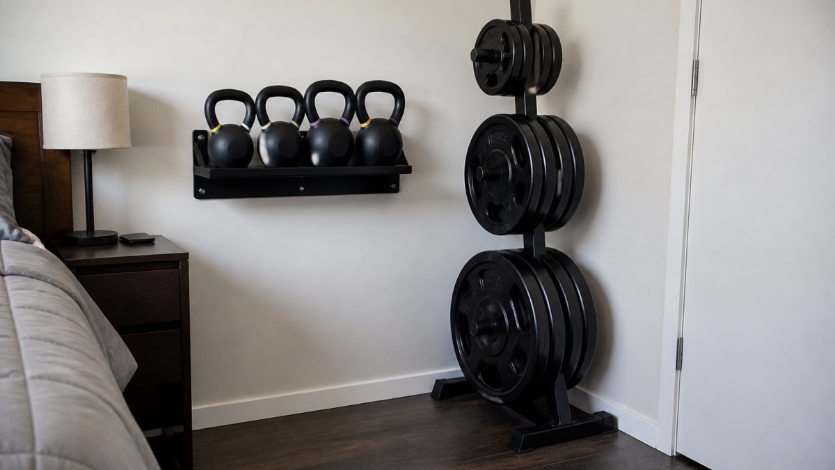 Compact home gym corner in small apartment bedroom with wall-mounted kettlebell rack holding four kettlebells and vertical weight plate rack neatly organized in corner space, showing organized equipment storage in limited square footage