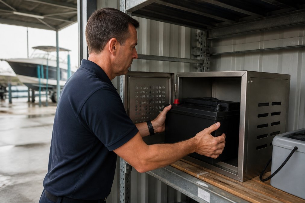 A boat owner in a marina storage area placing a lithium-ion marine battery into a fireproof metal enclosure on a shelf, with ventilation gaps visible and a dry, cool environment