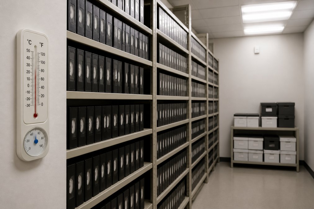 Professional storage area with VHS tapes arranged vertically on shelves, a wall-mounted thermometer and humidity gauge clearly visible, fluorescent lighting, climate-controlled room with no windows