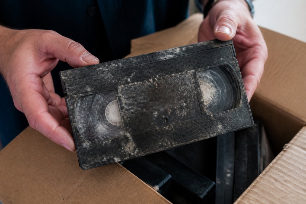Hands holding a deteriorated VHS cassette with visible white mould spots on the tape and dark discolouration on the plastic casing, showing signs of advanced degradation