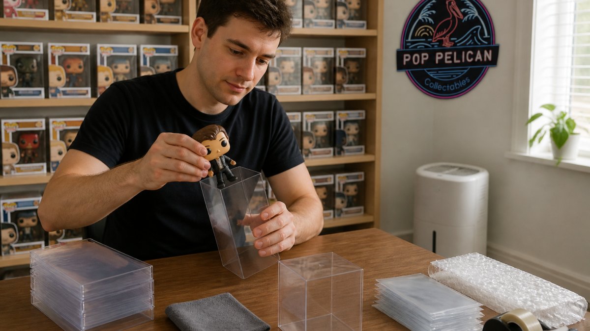 A collector in a bright room carefully placing a Pop! Vinyl figure inside a clear plastic protector box, with a shelf of boxed figures and a small dehumidifier visible in the background