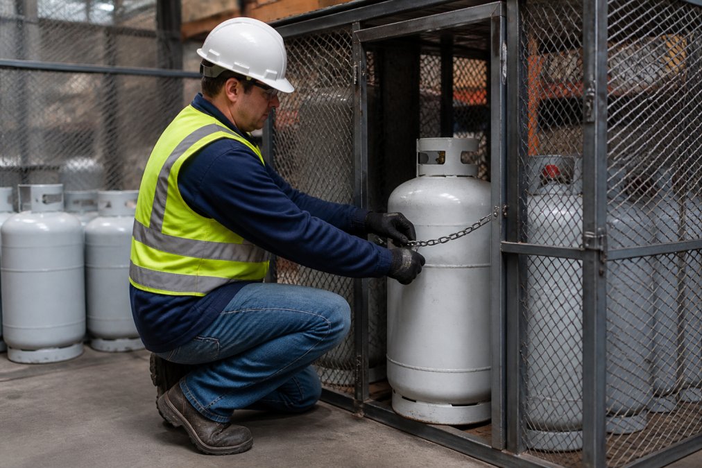 A warehouse worker in a safety vest and hard hat securing a propane cylinder upright inside a metal storage cage with chains, with other cylinders visible in the background