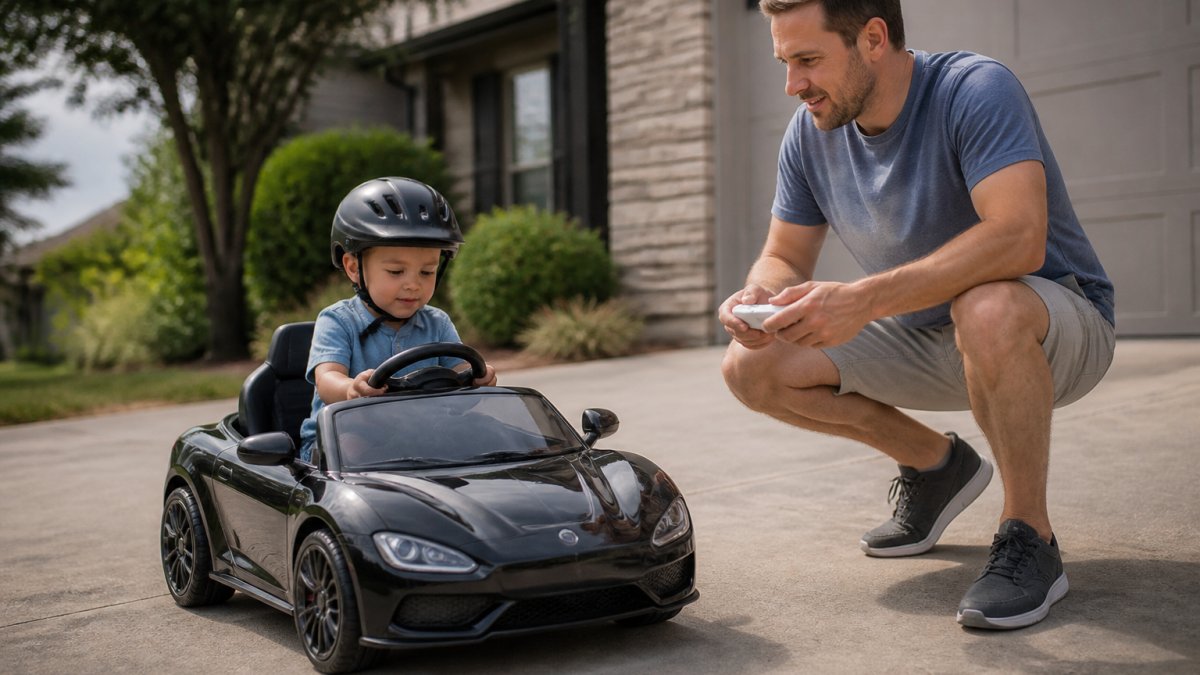 Young child sitting in an electric ride-on car on a flat driveway, wearing a helmet, with an adult standing nearby supervising and holding a parental remote control
