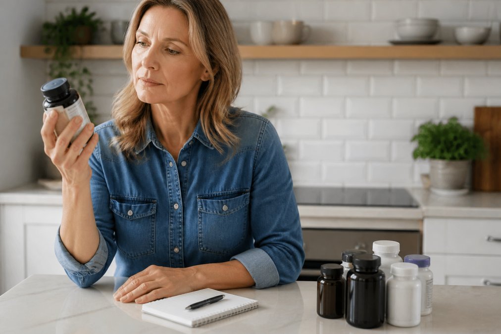 A person in a bright, tidy kitchen holding a supplement bottle up to the light, reading the label carefully with a notepad and pen on the counter beside them