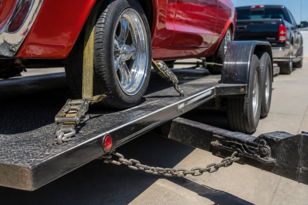 Close-up of heavy-duty ratchet straps being tightened over the tire and wheel of a classic muscle car loaded on an open car hauler, with crossed safety chains visible beneath the trailer tongue in bright afternoon sunlight