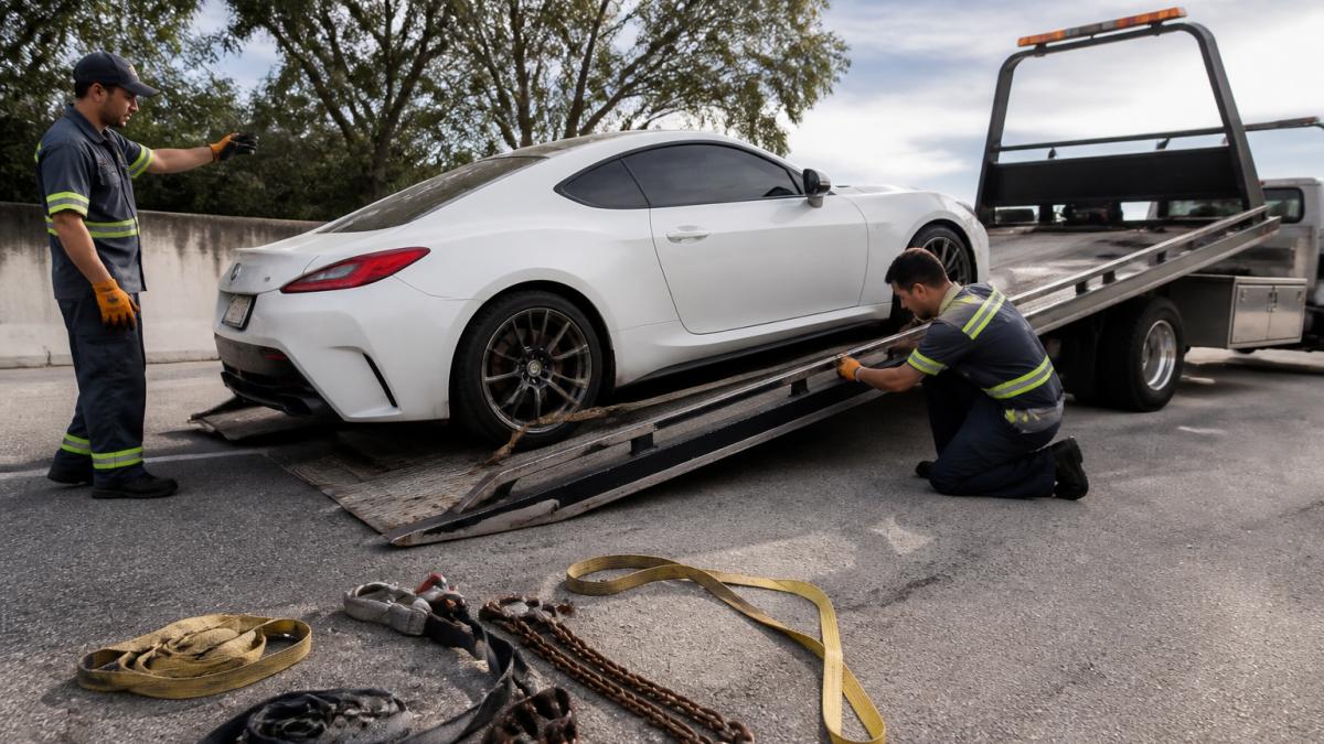 Professional towing team carefully loading a lowered sports car onto a flatbed truck using ramps, with one operator guiding the vehicle and another securing tie-down straps around the wheels
