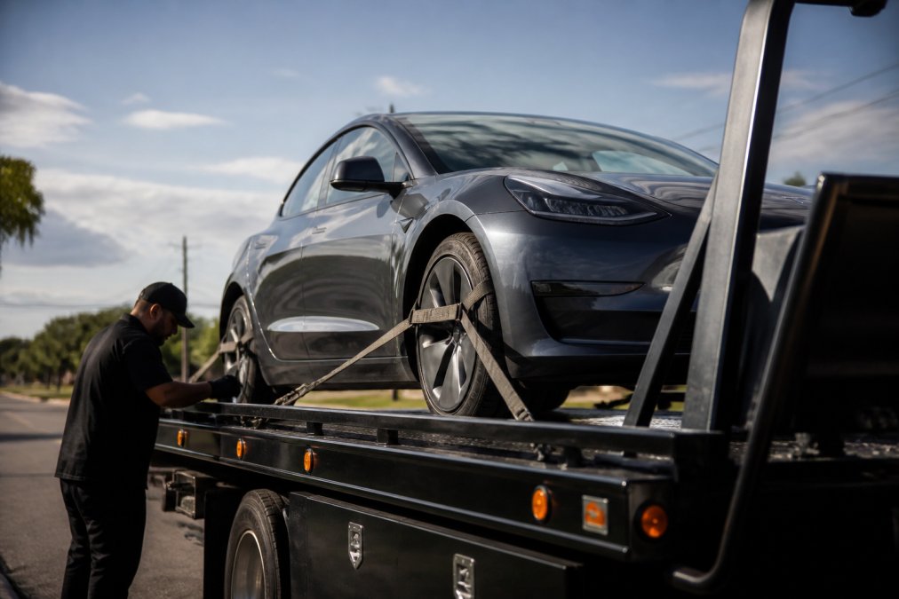 Professional flatbed tow truck securing an electric vehicle with all four wheels elevated off the ground, showing proper tie-down equipment and immobilization straps on a sunny day