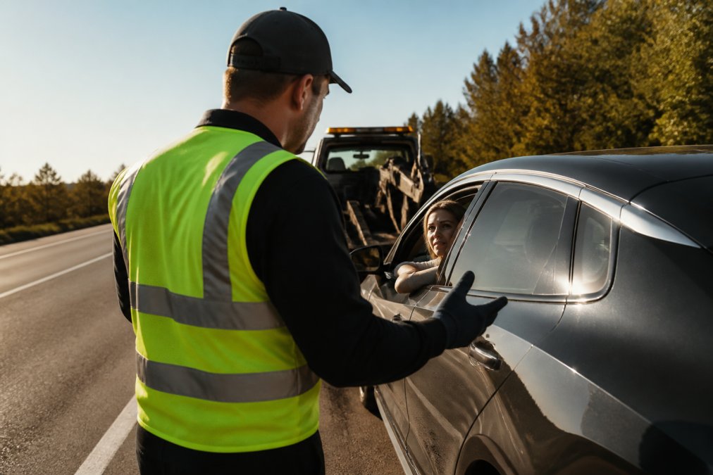 Professional tow truck operator in safety vest assessing a stranded electric vehicle on the roadside, communicating with the driver while checking vehicle condition in daylight