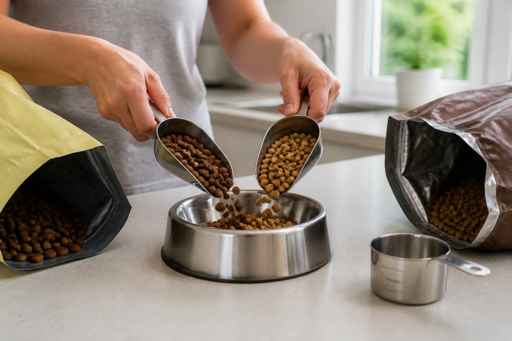 A person's hands measuring kibble from two different bags into a stainless steel pet bowl on a kitchen counter, with a measuring cup nearby, bright natural lighting