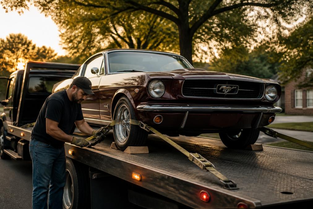 Owner-operator checking straps on a classic car during transport on a flatbed truck in Tulsa.