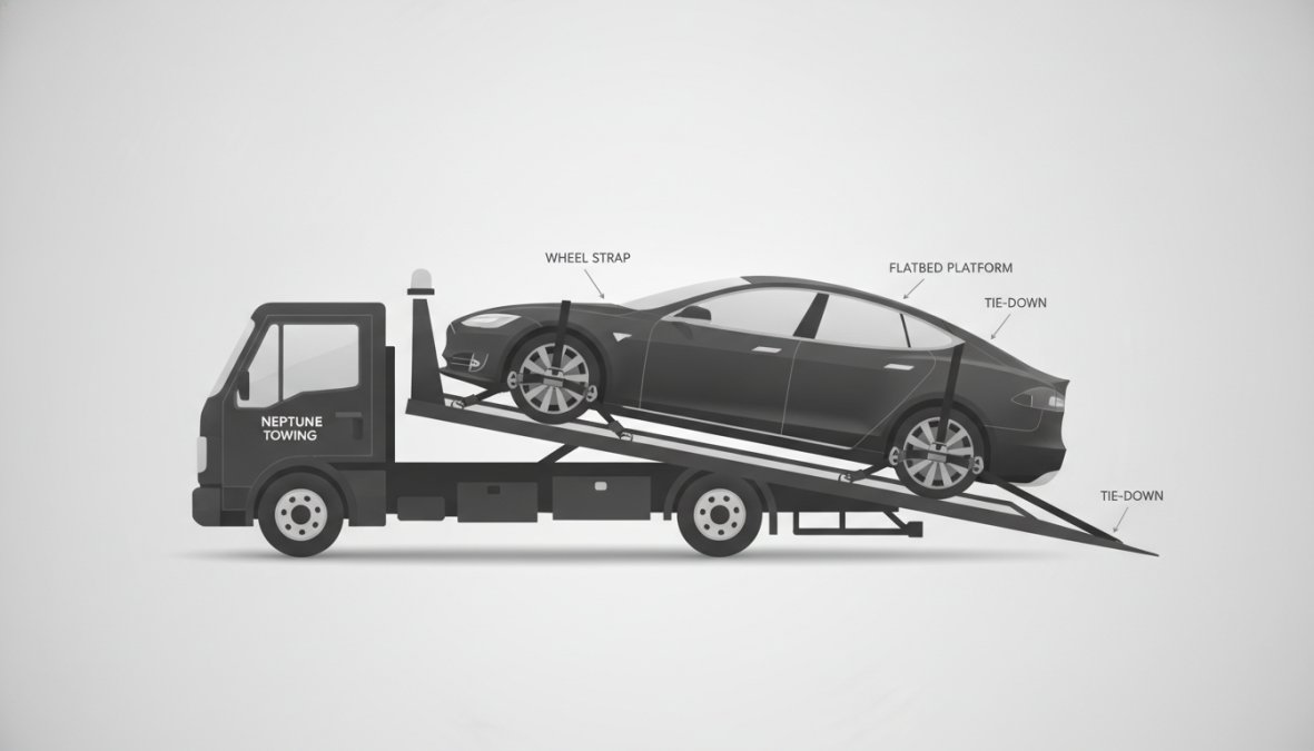 Tesla or electric vehicle secured on a flatbed tow truck with proper wheel straps and tie-downs visible, showing damage-free loading technique in daylight