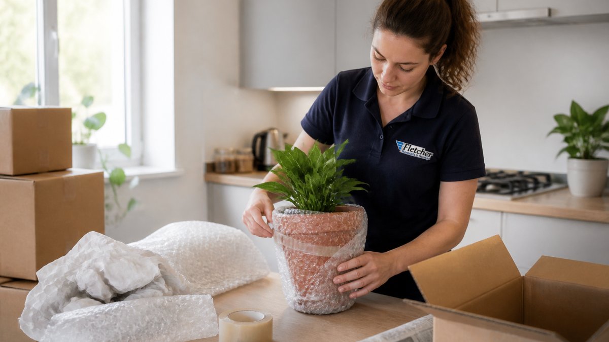 A person wrapping a terracotta pot with bubble wrap and tape on a kitchen table, with cardboard boxes and crumpled newspaper nearby
