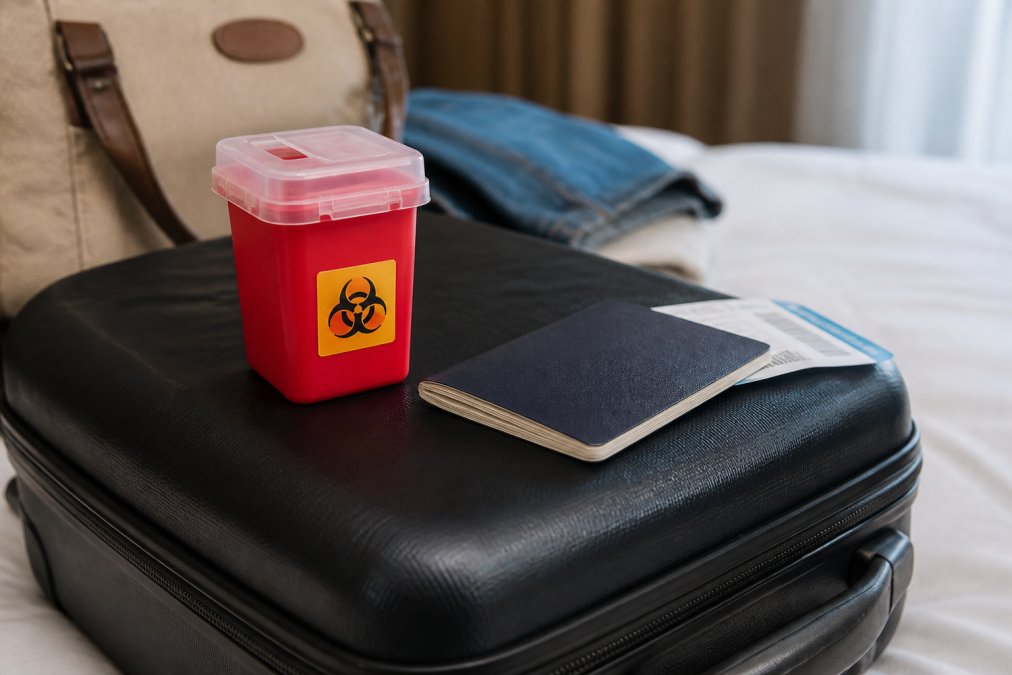 Small sharps container for medical needles packed on a carry-on suitcase with a passport and boarding pass