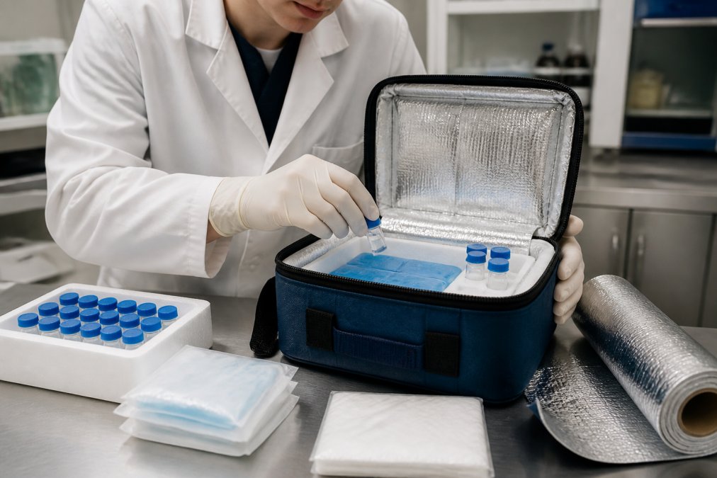Professional packing research peptide vials into an insulated case to safely transport research peptides.
