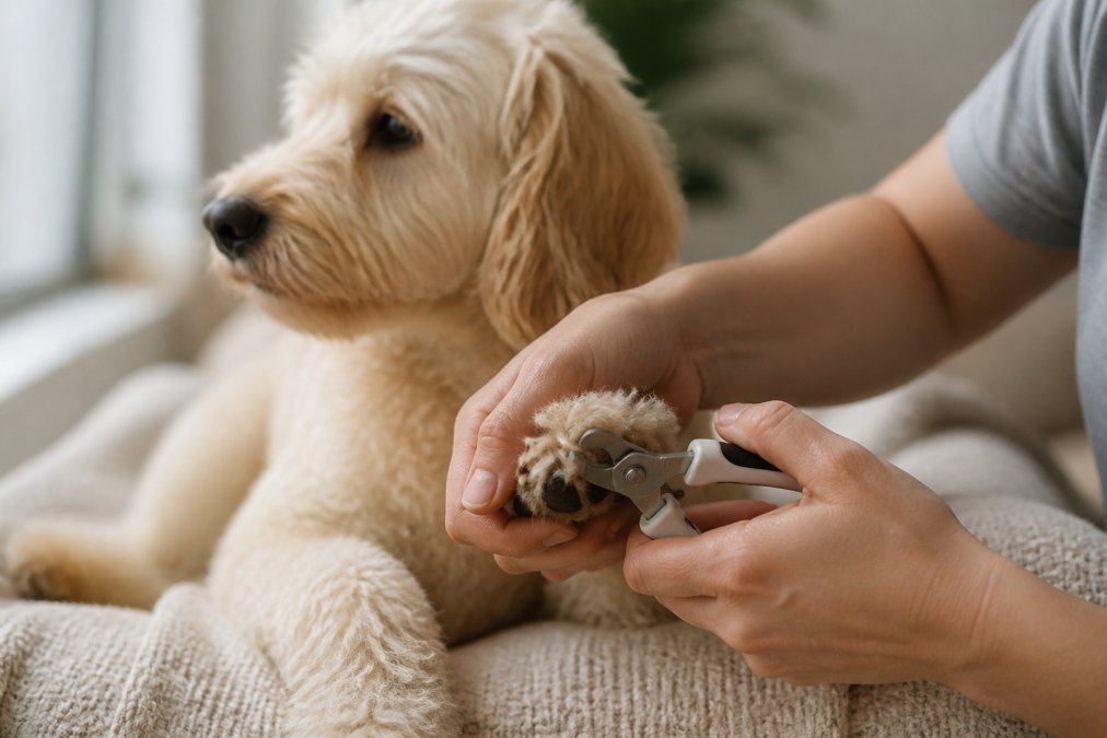 A close-up photograph of a person's hands gently holding a dog's paw and using quiet nail clippers to trim the nail. The dog appears relaxed, and the clippers are small and modern. The background is a soft, well-lit home setting.