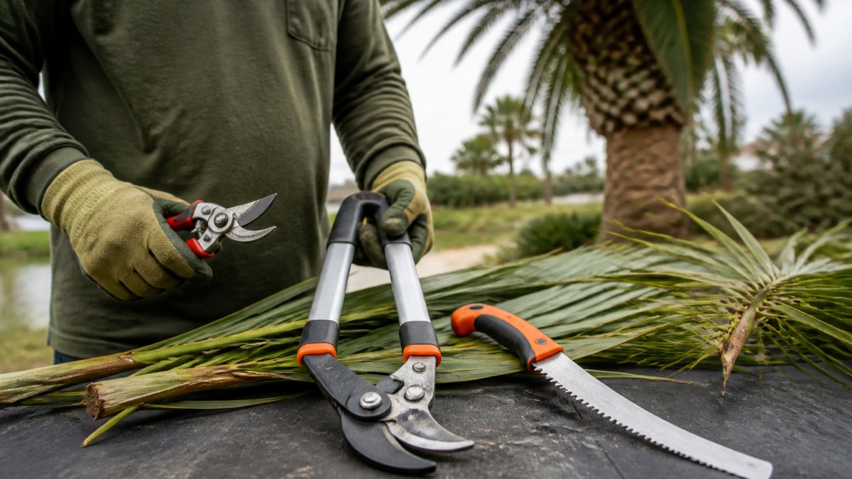 Landscaper holding pruning shears, loppers, and a saw to learn how to safely trim palm trees in autumn.