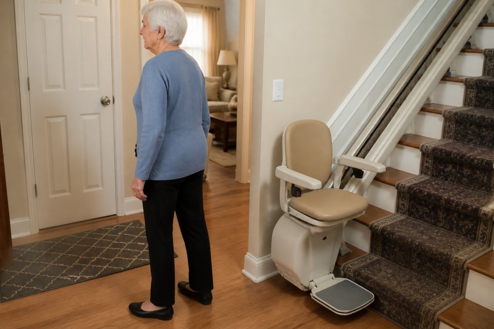 Older adult demonstrating proper standing position at the bottom landing of a stairlift, facing away from the seat with feet shoulder-width apart on stable flooring, natural home lighting