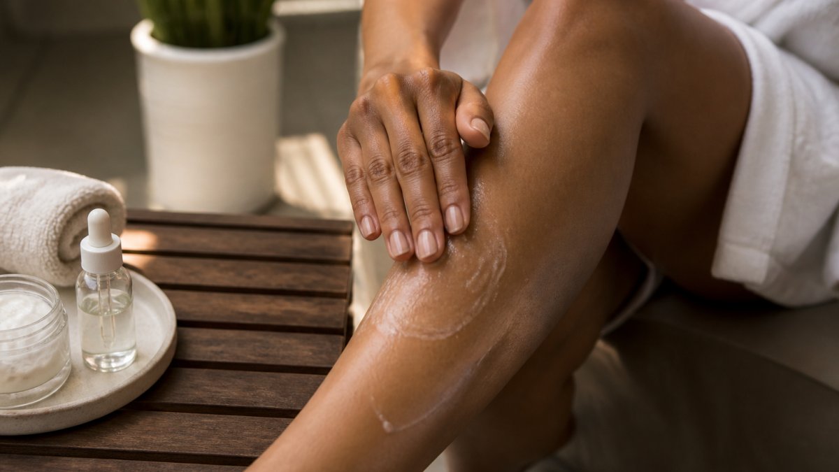 Woman's hand applying glycolic acid serum to her leg with gentle circular massage motions on smooth skin, demonstrating proper application technique in natural lighting