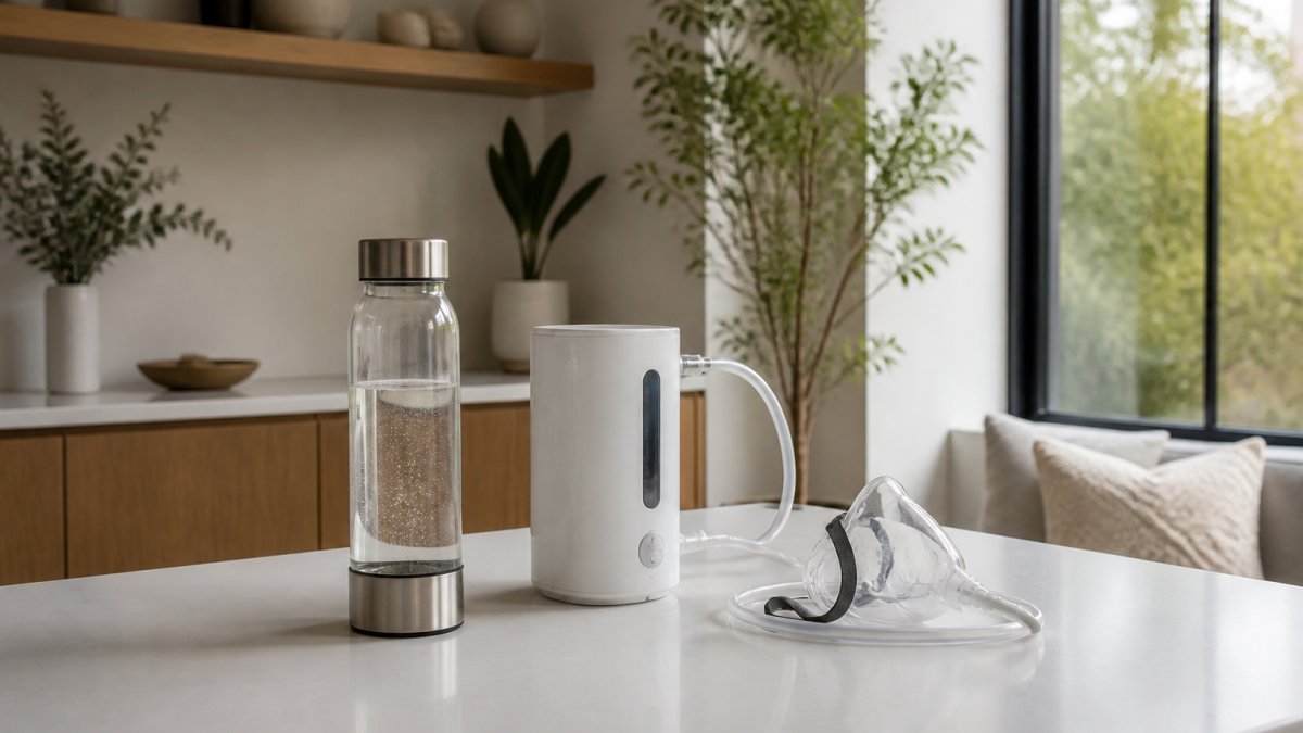 Hydrogen water bottle and inhalation device set on a white countertop by a sunlit window