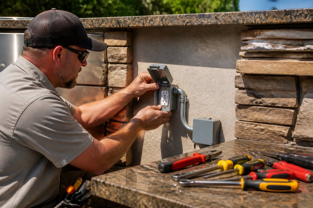 Close-up of a licensed electrician installing a GFCI-protected weatherproof receptacle with an in-use cover on an outdoor kitchen wall, conduit and junction box visible, tools laid out on the stone countertop surface, bright afternoon outdoor lighting