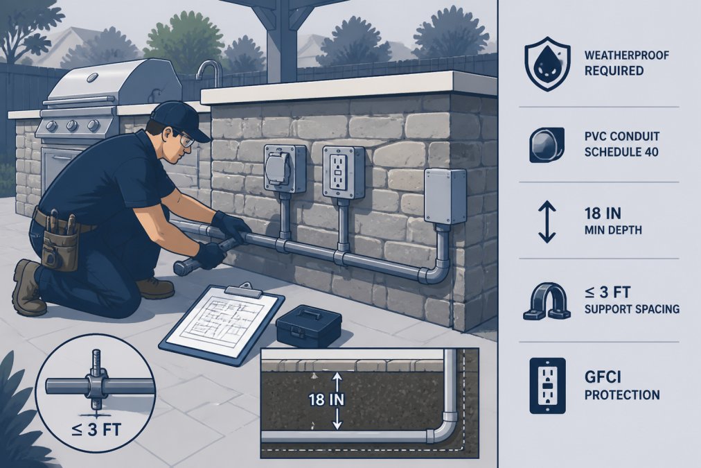 A professional electrician in safety glasses and work gear running gray PVC conduit along the base of a stone outdoor kitchen island in a landscaped backyard, referencing a printed wiring diagram clipped to a clipboard, warm afternoon sunlight casting shadows across the workspace